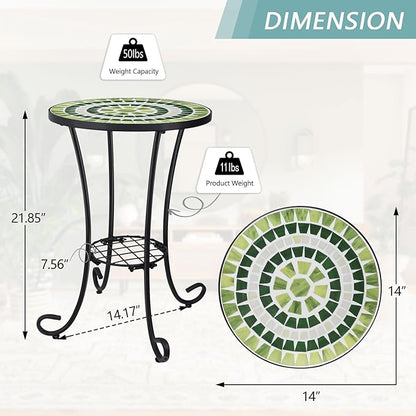 VCUTEKA Outdoor Side Table Mosaic Patio Table Accent Tables Mosaic Tile Top Metal Frame Small End Tables Porch Beach Patio Garden Balcony Grass Green