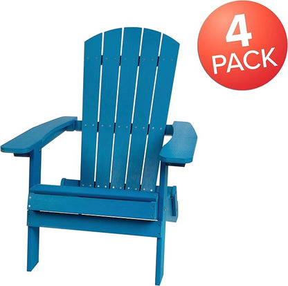 Flash Furniture Charlestown Folding Adirondack Chair - Blue - Poly Resin - Indoor/Outdoor - Weather Resistant - Set of 4