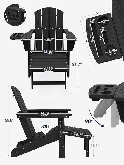 KINGYES Adjustable Folding Adirondack Chair with Footrest & 4-in-1 Multi-Functional Armrest Organizer Set of 2, HDPE Foldable Recliner Adirondack Chair with Pull-Out Ottoman, Black