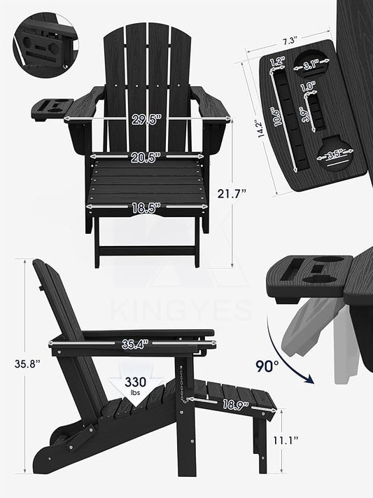KINGYES Adjustable Folding Adirondack Chair with Footrest & 4-in-1 Multi-Functional Armrest Organizer Set of 2, HDPE Foldable Recliner Adirondack Chair with Pull-Out Ottoman, Black