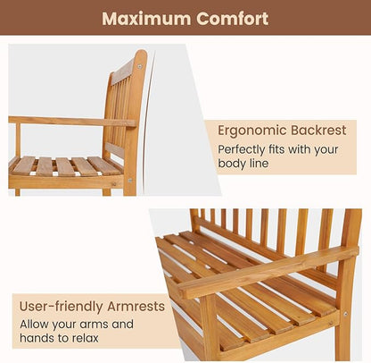 Wooden Garden Bench, Outdoor Bench Acacia Wood with Slatted Seat, Comfy Backrest & Armrest, 2-Person Loveseat Patio Bench for Porch Balcony Backyard Park, 800 LBS Max Load (48” x 22" x 34")