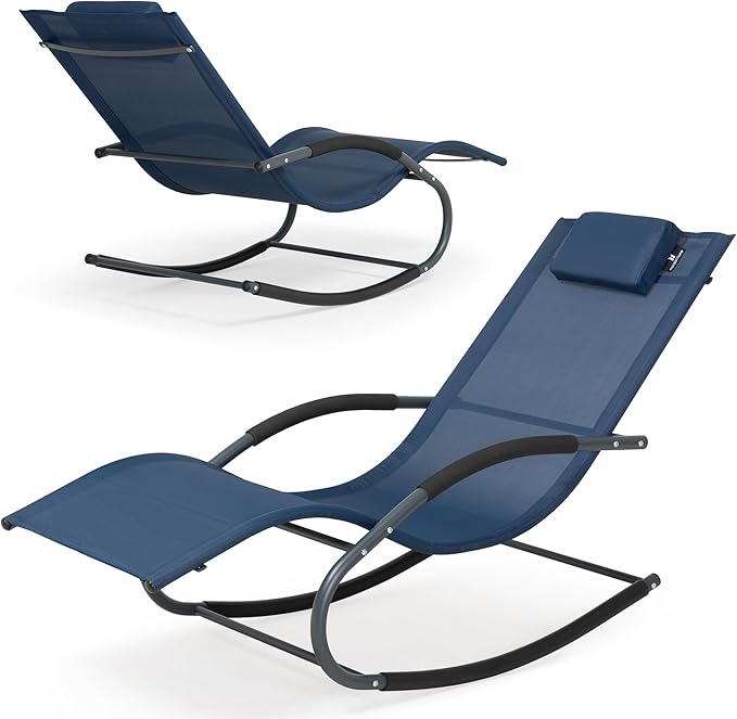 Outdoor Lounge Chair with Pillow, Pool Chaise Lounge Chair Set of 2, Navy Blue - Photo 7