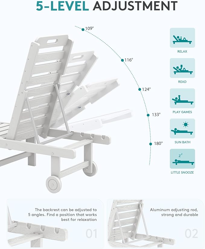 SERWALL Outdoor Chaise Lounge Set of 2, All-Weather HDPE Pool Lounge Chairs with 5-Position Adjustable Backrest, Rolling Wheels & Cup Holder for Poolside, White