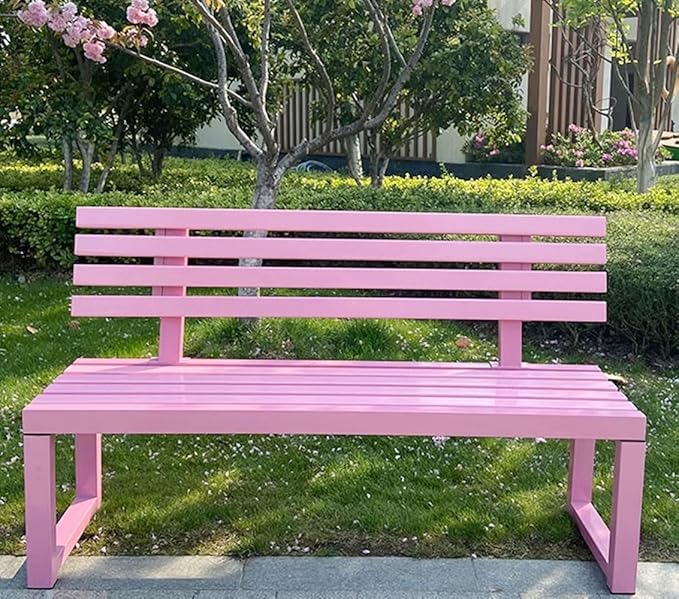 2-Person Outdoor Bench w/Backrest, Metal Steel Benches Furniture for Patio Garden Porch Entryway Indoor Deck Backyard Bench L:39" 47" 59"(Pink,59in)