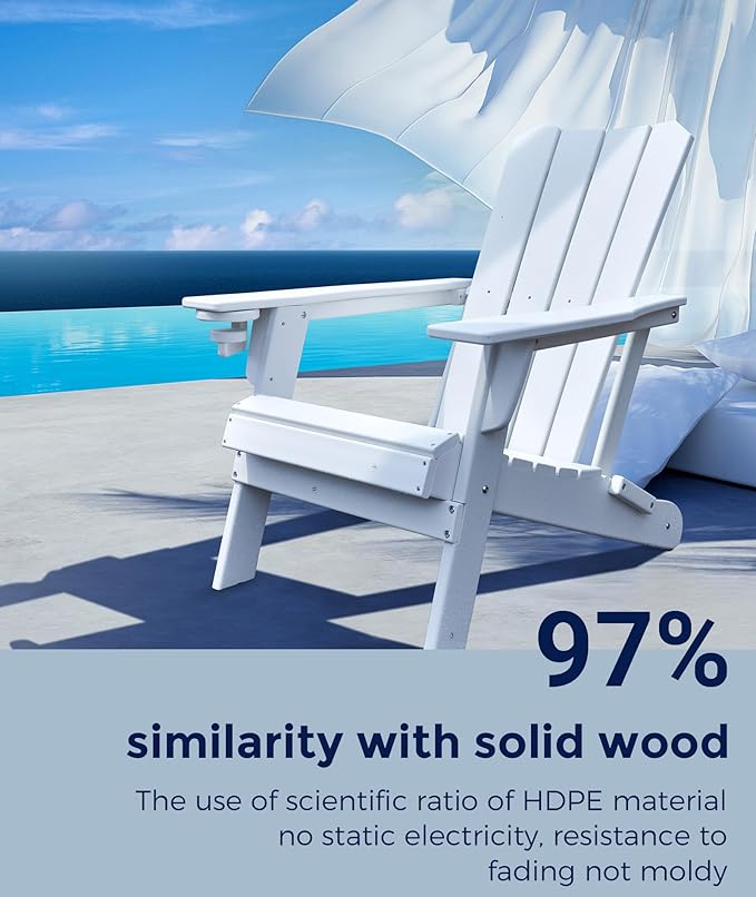 Adirondack Chair Oversized Folding Adirondack Chairs Recyclable HDPE Modern Adirondack Chair with Cup Holder Poly Lumber Patio Chairs for Pool Patio Garden Outdoors Fire Pit White