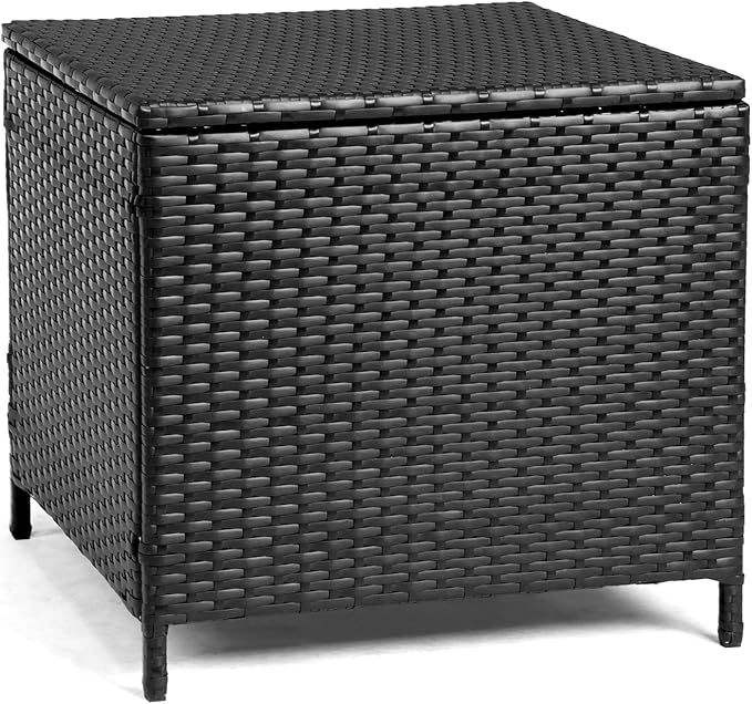 Outdoor PE Wicker Side Table with Storage, Patio Rattan End Table Square Container for Furniture Covers, Gardening Tools