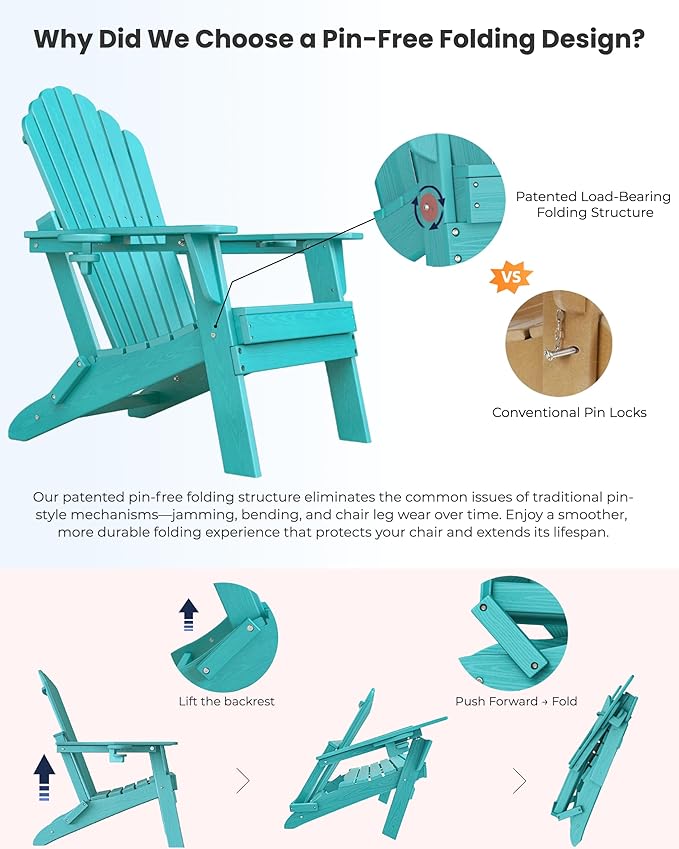 Oversized Adirondack Chair with Dual Cup Holders, Ergonomic High Back HDPE Fire Pit Chair, 380lbs Capacity All-Weather Outdoor Patio Lounge Chair for Garden, Deck, Yard - Aruba Blue