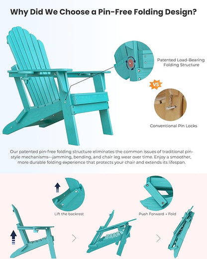 Oversized Adirondack Chair with Dual Cup Holders, Ergonomic High Back HDPE Fire Pit Chair, 380lbs Capacity All-Weather Outdoor Patio Lounge Chair for Garden, Deck, Yard - Aruba Blue