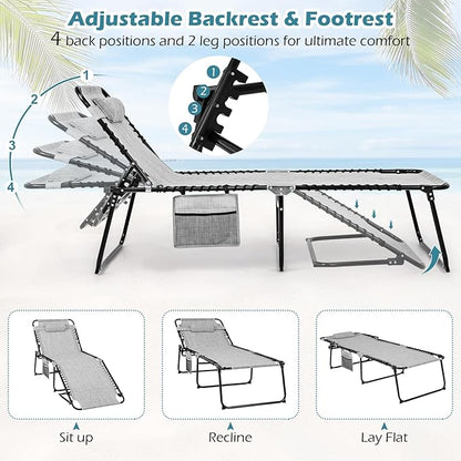 Giantex Lounge Chair Outdoor, Folding Tanning Chair with 4 Adjustable Positions, Removable Headrest, Footrest, Side Pocket, Load 440 Lbs, Portable Recliner for Lawn, Yard, Beach, Sunbathing (1, Grey)