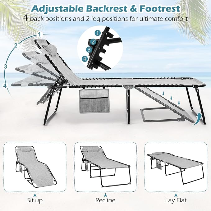 Giantex Lounge Chair Outdoor, Folding Tanning Chair with 4 Adjustable Positions, Removable Headrest, Footrest, Side Pocket, Load 440 Lbs, Portable Recliner for Lawn, Yard, Beach, Sunbathing (2, Grey)