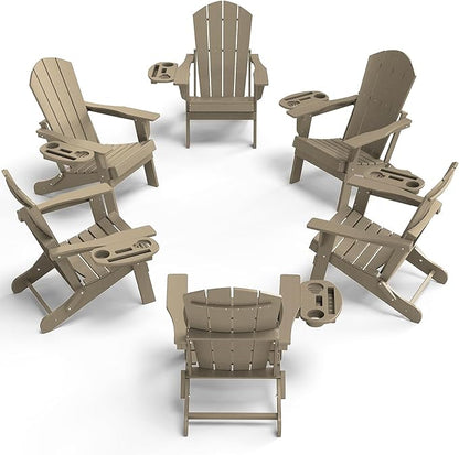 FOOWIN Folding Adirondack Chair Set of 6, HDPE Adirondack Chairs with Cup Holder, Weather Resistant Plastic Fire Pit Chairs for Outdoor, Patio, Lawn, Garden, Backyard, Deck, Brown