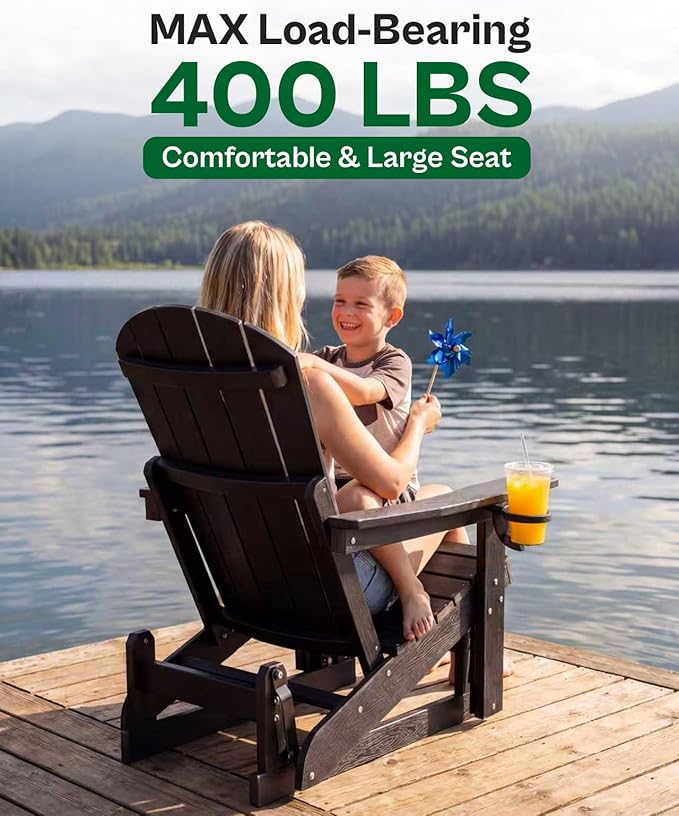 3-Position Adjustable Adirondack Chair with Cup Holder Set of 2, HDPE All-Weather Outdoor Glider Chair, Wood-Grain Fire Pit Chairs for Pool, Yard, Deck (Black)