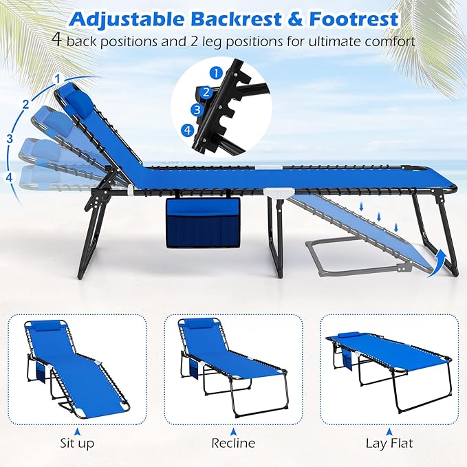 Giantex 2-Pack Lounge Chair Outdoor, Folding Tanning Chair with 4 Adjustable Positions, Removable Headrest, Footrest - Photo 6