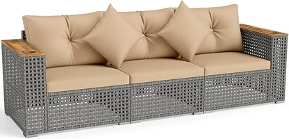 Tangkula 86.5" Large 3-Seat Patio Wicker Sofa, 3 Pieces PE Rattan Sectional Furniture Set with Cup Holder & Wood Armrest, Outdoor Couch Set with Armless & 2 Corner Sofas for Garden, Yard, Porch, Brown