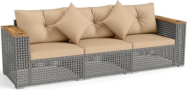 Tangkula 86.5" Large 3-Seat Patio Wicker Sofa, 3 Pieces PE Rattan Sectional Furniture Set with Cup Holder & Wood Armrest - Photo 1