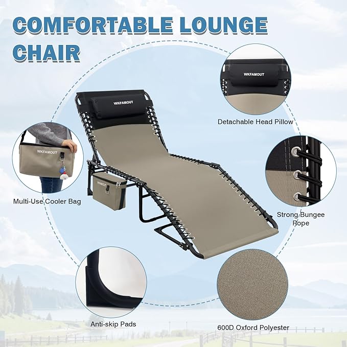Folding Lounge Chair Outdoor with Insulated Cooler Bag Portable for Outside Patio Chaise Lounge Chair 5-Position with Pillow for Beach Sunbathing Pool Camping Lawn