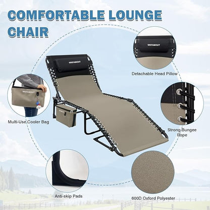Folding Lounge Chair Outdoor with Insulated Cooler Bag Portable for Outside Patio Chaise Lounge Chair 5-Position with Pillow for Beach Sunbathing Pool Camping Lawn
