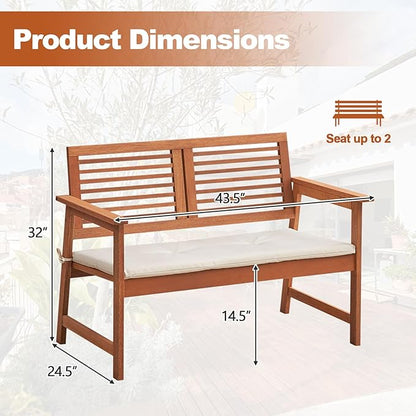 HAPPYGRILL Outdoor Wood Bench Patio Solid Wood Loveseat with Comfortable Backrest & Cushions, Breathable Slatted Seat, Outside Loveseat Chair for Balcony Porch Garden
