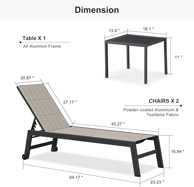 PURPLE LEAF Outdoor Chaise Lounge Set of 4 Aluminum Patio Lounge Chair with Wheels and Side Table Pool Chaise Lounge Chair for Outdoor Backyard Poolside Camel (4 Lounges Chairs W/Table)