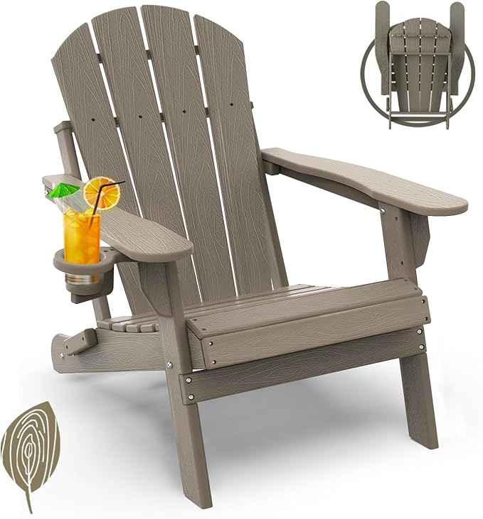 GREENVINES Folding-Adirondack-Chair | Wood Grain | HDPE Plastic | Fire Pit Chairs | All Weather | Cup Holder - Photo 1