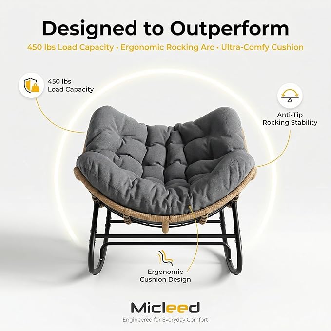 Oversized Papasan Rocking Chair Outdoor, Comfy Wicker Patio Papasan Egg Rocker with Thick Cushion for 450 lbs - Photo 7