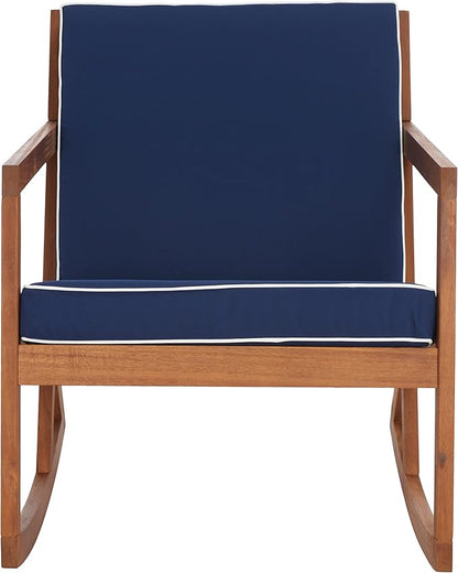 SAFAVIEH Outdoor Collection Vernon Natural/Navy Cushion with White Piping Rocking Chair