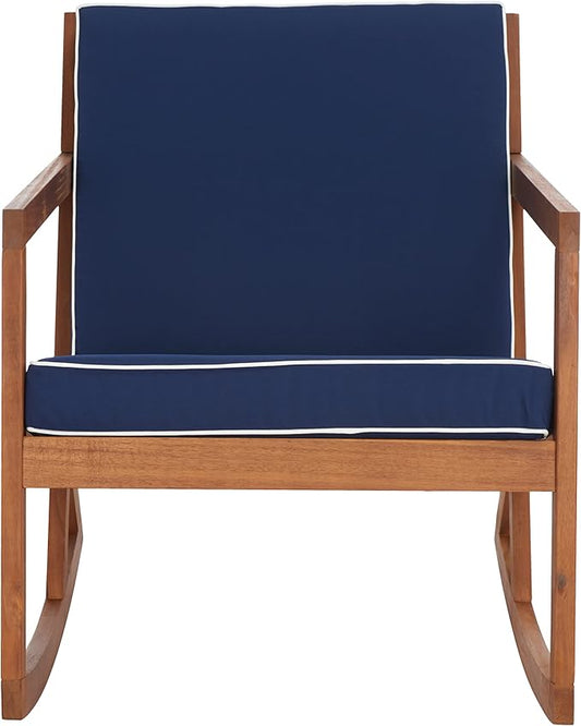 SAFAVIEH Outdoor Collection Vernon Natural/Navy Cushion with White Piping Rocking Chair