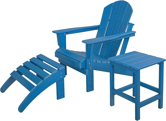 WO Home Furniture 3pc Set - HDPE Poly Adirondack Chair with Ottoman/Footrest and Square Side Table, All Weather and UV Resistant for Outdoor Patio Backyard, Garden, Pacific Blue