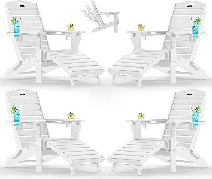 Ciokea Folding Adirondack Chair Set of 4 with Retractable Ottoman Fire Pit Patio Chair with Pull Out Foot Rest Weather - Photo 1