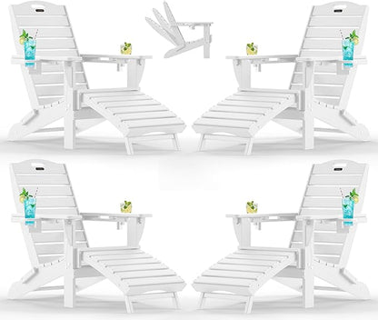 Ciokea Folding Adirondack Chair Set of 4 with Retractable Ottoman Fire Pit Patio Chair with Pull Out Foot Rest Weather Resistant Lawn Outdoor Chair with 2 Cup Holder (White)