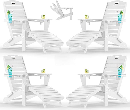 Ciokea Folding Adirondack Chair Set of 4 with Retractable Ottoman Fire Pit Patio Chair with Pull Out Foot Rest Weather Resistant Lawn Outdoor Chair with 2 Cup Holder (White)