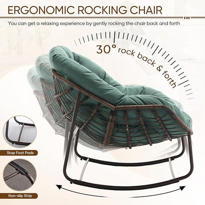 Large Indoor Outdoor Rocking Chair, Oversized Rocking Papasan Chair with Thick Cushion and Frame Outdoor Rocker, Comfy Wicker Egg Chairs Lounge for Outside Porch Patio Backyard Balcony, Light Green