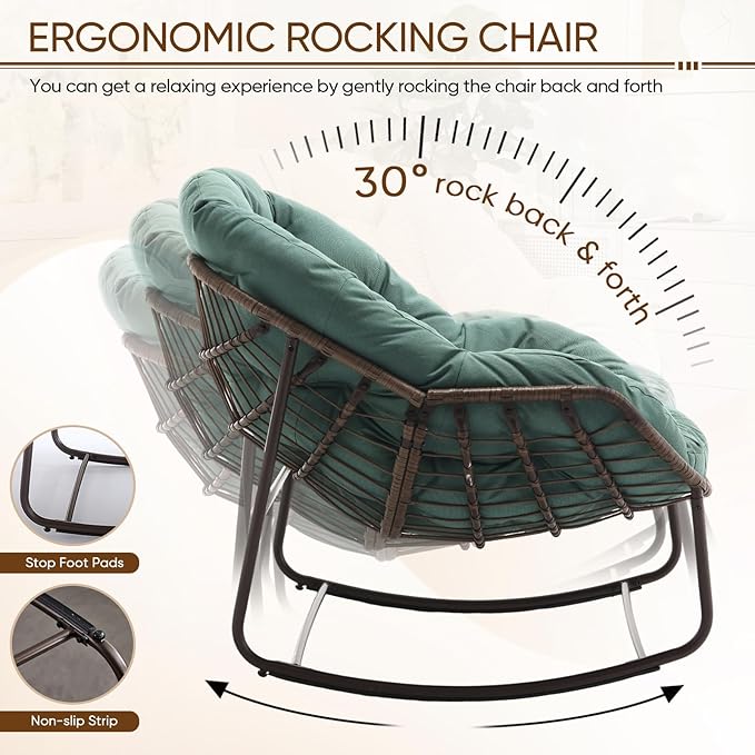 Large Indoor Outdoor Rocking Chair, Oversized Rocking Papasan Chair with Thick Cushion and Frame Outdoor Rocker, Comfy Wicker Egg Chairs Lounge for Outside Porch Patio Backyard (Light Green, Set of 2)