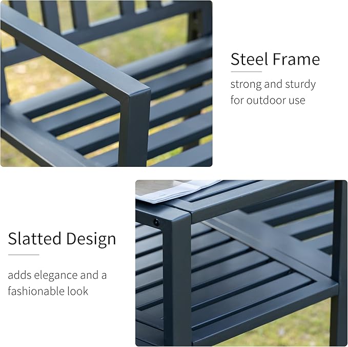 Outsunny Metal Garden Bench with Middle Table and Umbrella Hole, 2-in-1 Double Patio Chairs, Outdoor 2-Person Tete-a-Tete, Slatted, Black