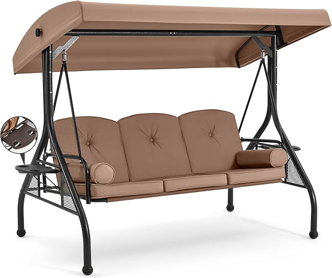HOMREST 3 Seat Outdoor Porch Swing with Adjustable Canopy, Convertible Patio Swing Bed with Stand - Photo 1