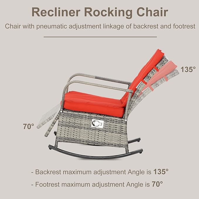 Outsunny Wicker Outdoor Rocking Chair, Patio Recliner with Adjustment Backrest, PE Rattan Lounge Chair with Adjustable Footrest and Cushions for Garden, Backyard, Porch, Red