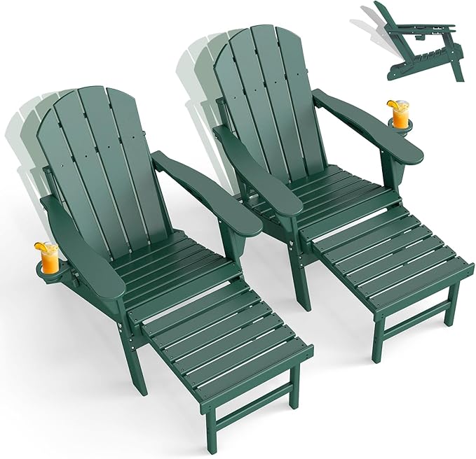 GREENVINES Adjustable Adirondack Chair with Retractable Ottoman Set of 2 | Folding | HDPE Plastic - Photo 1
