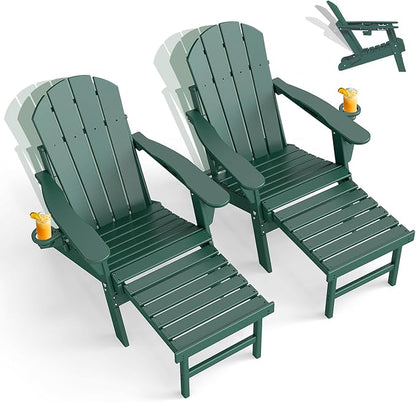 GREENVINES Adjustable Adirondack Chair with Retractable Ottoman Set of 2 | Folding | HDPE Plastic | Fire Pit Chairs w/Foot Rest | 2 Cup Holders | Forest | for Outdoor Patio Poolside Deck