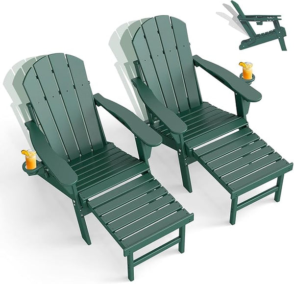 GREENVINES Adjustable Adirondack Chair with Retractable Ottoman Set of 2 | Folding | HDPE Plastic - Photo 1