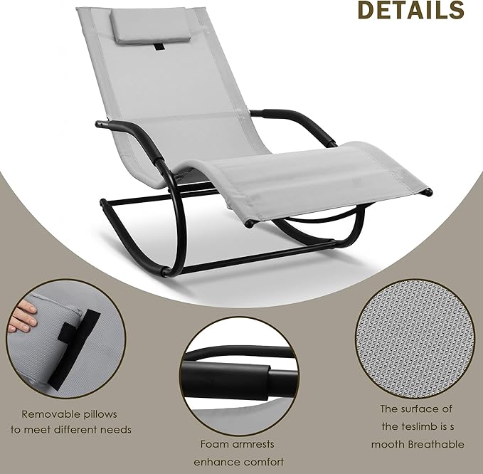 Zero Gravity Rocking Chair Lightweight Lounge Chair Recliner with Detachable Pillow for Patio, Lawn, Pool, Outdoor Home Furniture, Grey