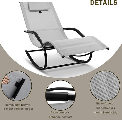 Zero Gravity Rocking Chair Lightweight Lounge Chair Recliner with Detachable Pillow for Patio, Lawn, Pool, Outdoor Home Furniture, Grey
