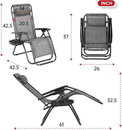 PayLessHere Set of 2 Folding Lounge Chair Adjustable Zero Gravity Chair Beach Chair Textilene Lawn Patio Chair with Removable Pillow and Cup Holder for Poolside Backyard Lawn Beach,Grey