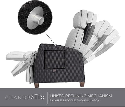 Grand patio Outdoor Reclining Chairs with Extended Footrest 2-Piece Adjustable Patio Wicker,Lounge Recliner up to 150° with Flip Side Table Griege