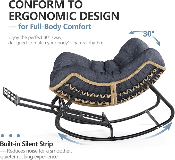 SWITTE Papasan Rocking Chair with Adjustable Footrest, Oversized Wicker Zero-Gravity Outdoor Rocker with Cushion, All-Weather Lounge Chair for Patio, Living Room-Dark Grey