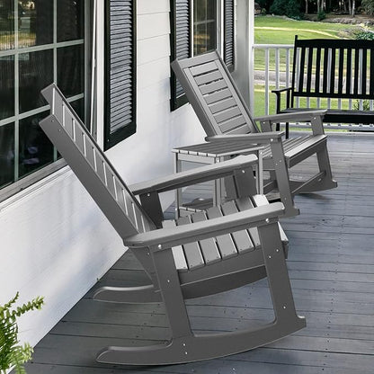 GREENVINES Outdoor Rocking Chair Set | 3-Piece | 2 Rocking Chairs with 1 Side Table | Porch Rocker | HDPE Plastic | Grey | Patio Furniture Sets | High Back | Big & Tall | Ladder Back