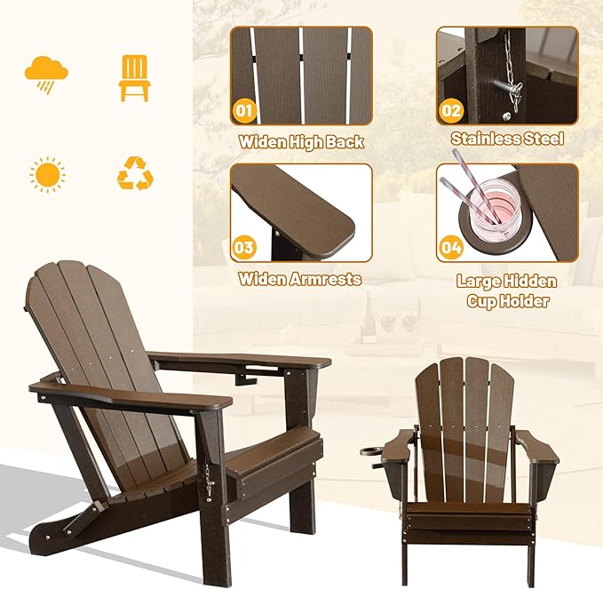 Adirondack Chair, Plastic Adirondack Chairs, HDPE Adirondack Chair, Folding Adirondack Chairs,Outdoor Chairs with Cup Holder for Lawn Patio Deck Fire Pit -Brown