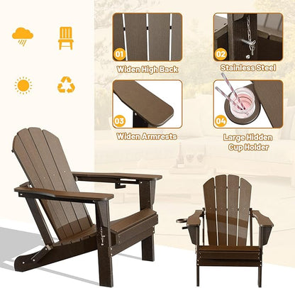Adirondack Chair, Plastic Adirondack Chairs, HDPE Adirondack Chair, Folding Adirondack Chairs,Outdoor Chairs with Cup Holder for Lawn Patio Deck Fire Pit -Brown