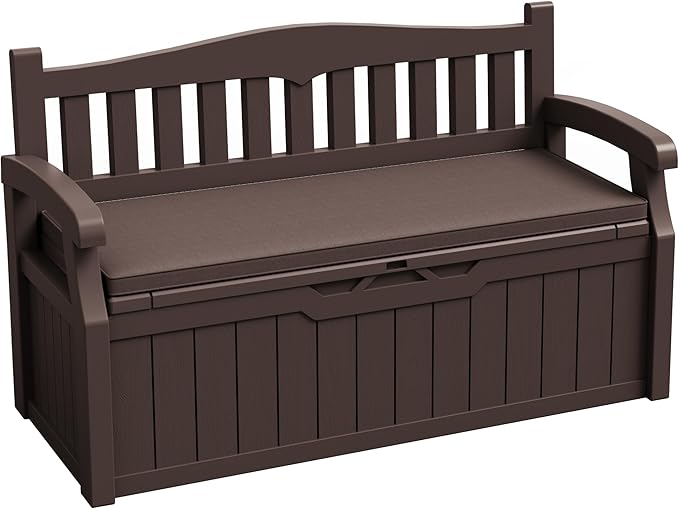JUMMICO 80 Gallon Resin Outdoor Storage Bench with Cushion, Large Deck Box with Armrest, Lockable&Waterproof for Garden, Home, Patio, Pools (Brown, 80 Gallon)