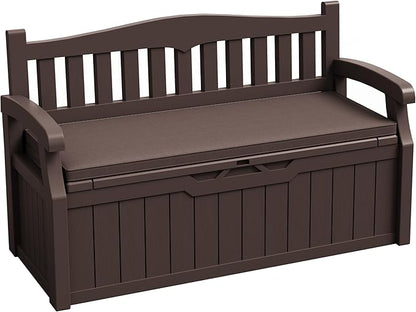 JUMMICO 80 Gallon Resin Outdoor Storage Bench with Cushion, Large Deck Box with Armrest, Lockable&Waterproof for Garden, Home, Patio, Pools (Brown, 80 Gallon)