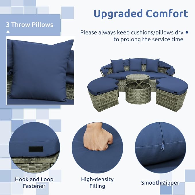 RELAX4LIFE Round Outdoor Daybed with Canopy, Rattan Wicker Sectional Sofa Set w/Cushions, Height Adjustable Table, Conversation Bed Lounger Separated Seating for Outside Pool, Patio Daybed (Navy)